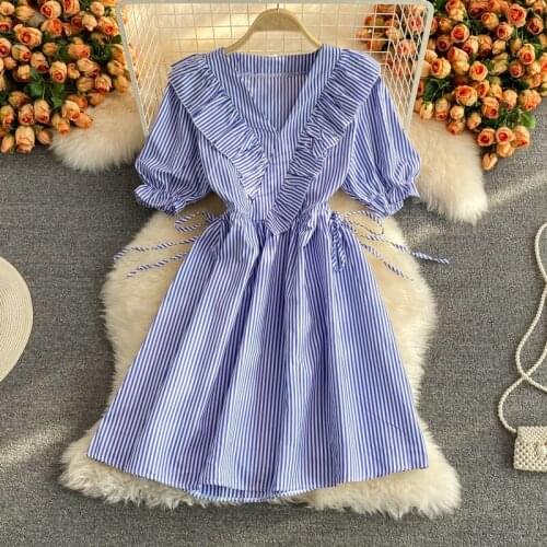Gagaok Casual Dresses for Women 2021 Summer Preppy Style A-LINE Shirring Puff Sleeve V-Neck Stripe Ruffles Thin Irregular Dress
