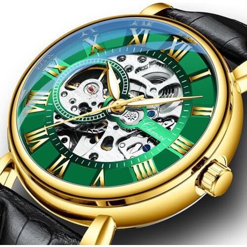 Golden Automatic Mechanical Watch Men Genuine Leather Top Brand Antique Business Male Dress Watches Water Resistance Blue Glass