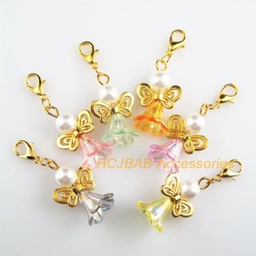 12 New Angel 17.5x26mm Charms Mixed Flower Acrylic Gold Color Retro With Lobster Claw Clasps