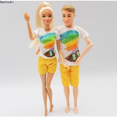 2sets/lot Fashion Clothes Set for Barbie \Outfits Summer Beach Couple T-shirt Orange Shorts for Ken Boy Dolls Accessories 1/6