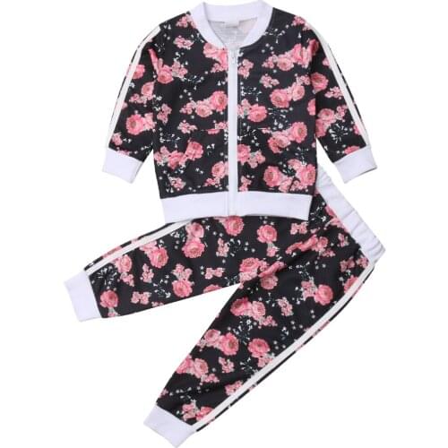 2020 Brand New 2-7Y Infant Kids Baby Girls Sets Flowers Long Sleeve Zipper Jacket Coat Tops+Pants Autumn Winter Sport Clothes