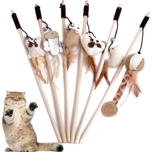 40cm Pet Cat Teaser Toys Feather Linen Wand Cat Catcher Teaser Stick Cat Interactive Toys Wood Rod Mouse Toy With Mini Bell