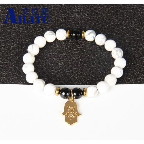 Ailatu New Trendy Lover Couple Fatima Jewelry 8mm Stone Bead Hamsa Hand Lucky Charm Bracelet