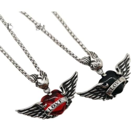 Black Knight Romantic Wings red LOVE heart pendant necklace Antique 316 Stainless steel Angel wings heart necklace BLKN0767