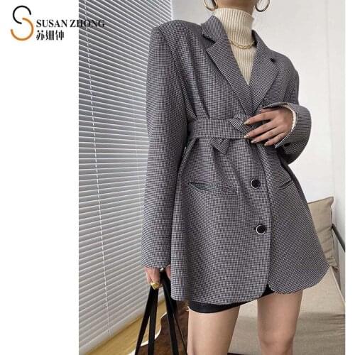 Women Blazer Female Coat Ladies Jacket Autumn Vintage Dog Tooth Herringbone Oversize Notched Collar Big Shoulder Belt Pocket 80s