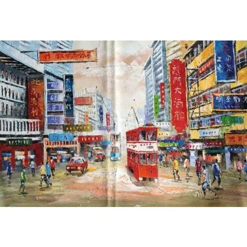 100%Hand Painted Canvas Knife Oil Painting Abstract Hong Kong Trams Street Canvas Painting Wall Art Picture for Home Decoration