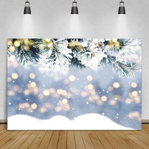 Laeacco Pine Leaves Light Bokeh Photo Background Winter Snow Scenic Falling Snowflake Child Photographic Backdrops Photostudio