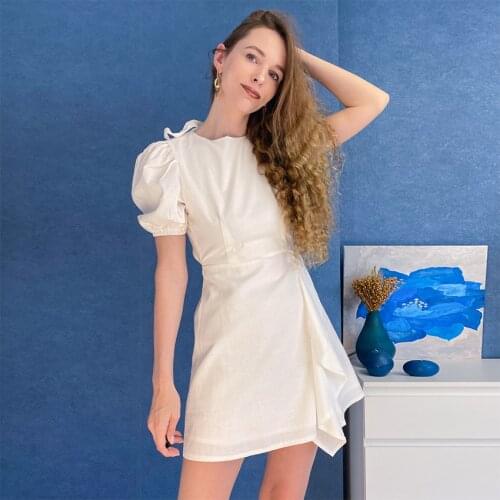 Mnealways 18 White Sexy Backless Women Dress Puff Sleeve Summer Irregular Chic Ruffle Dress Green Mini Pleated Ladies Dresses