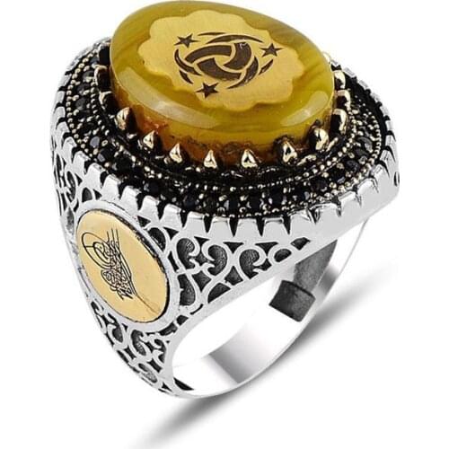 Mans 925 Silver Amber Ottoman Ring, Handmade 925 Silver Ring, Silver Handmade Ring for Man, Tughra Ring