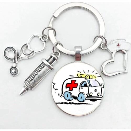 New Ambulance Medicine Box Jewelry Keychain Glass Pendant Doctor Keychain Nurse Souvenir Graduation Gift Handmade