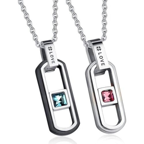 New Couple Necklaces Geometric Rectangle Pendant Rhinestones Stainless Steel Neck. for Men Woman Love Promise Anniversary Gift