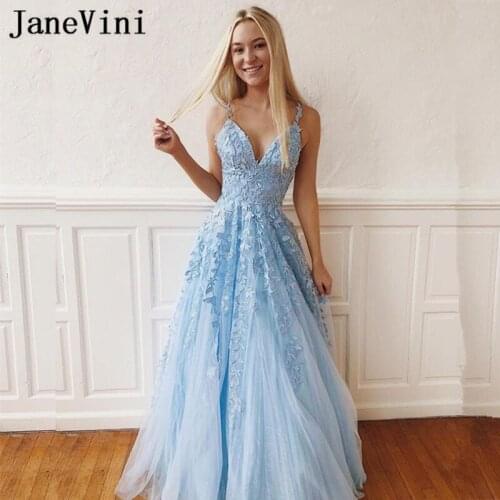 JaneVini Charming Light Sky Blue Tulle Plus Size Prom Dresses V Neck Lace Appliques Backless A Line Prom Long Elegant Dresses