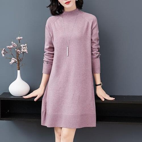 Autumn Winter womens turtleneck embroidery long sweater dress elegant ladies floral sweater embroidery knit dress