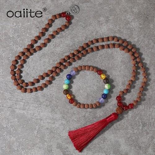 OAIITE Chakra Rudraksha Beads Mala Necklace, Peaceful Heart Calming JaPaMa 108 Mala Jewelry , Natural Beads Bracelet Women