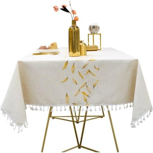 Japanese-Style Embroidery Leaf Heavy Weight Cotton Linen Fabric Rectangle Tablecloths Spill-Proof Water Table Top Cloth Cover
