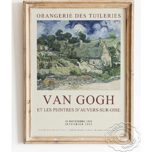Vincent Van Gogh Exhibition Museum Vintage Poster, Thatched Cottages At Cordeville Canvas Painting, Classical Wall Decor Picture