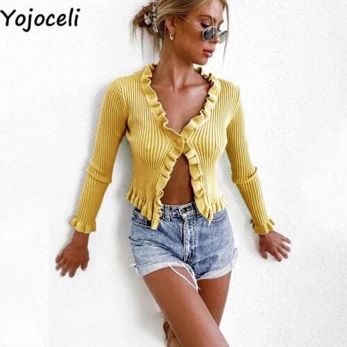 Yojoceli Sexy ruffled women autumn knitted cardigan Winter basic sweater cardigan female Casual pearl knitting white outerwear