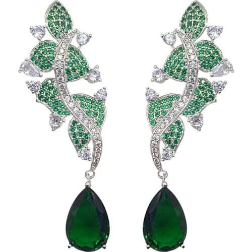 Green Gemstone Leaf Earrings For Women 925 Silver Needle Water Drop Crystal Earings Female Luxury Wedding Jewelry