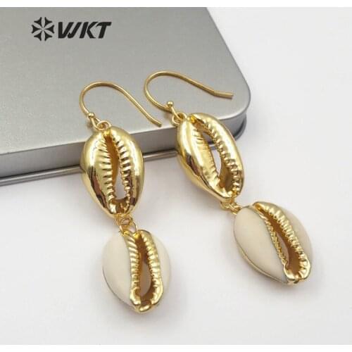 WT-E517 Real Cowrie Shell Earring Double Cowrie Gold Earring Unique Summer Jewelry For Women Fashion Earring