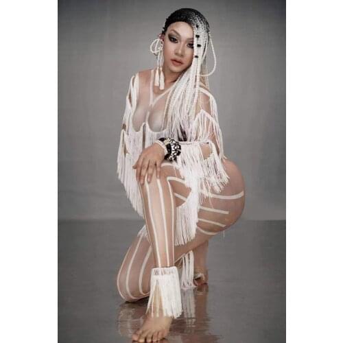 2019 White Fringes Sexy Jumpsuit Women Singer Stage Tassel Bodysuit Bar DS Dance Cosplay Bodysuit Costume Prom Clothes