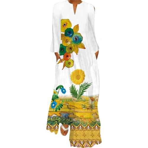 Lady Boho Midi Dress Long Sleeve Bohemian Style Butterfly Floral Print Long Sleeve Casual Dress for Stage Show Party Streetwear