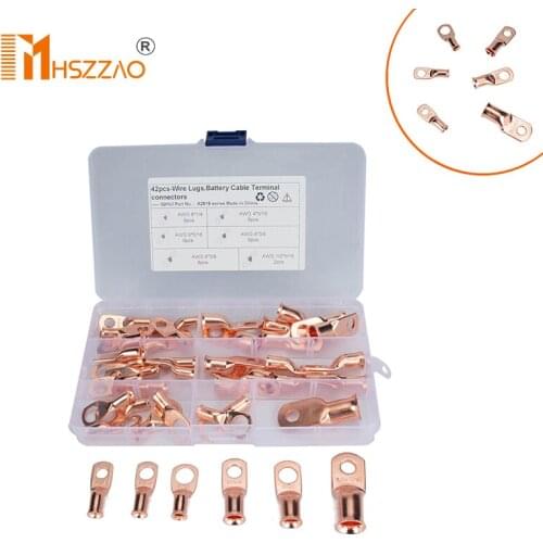 42 Pcs 6 Specifications AGW American Standard T2 Copper Heavy-Duty Cold-Pressed Terminal Copper Nose Battery Cable Ends