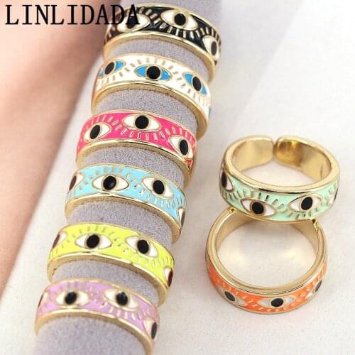 8Pcs 2021 New Fashion Colorful Enamel Eye Ring, Gold Metal Adjustable Ring Jewelry Gift