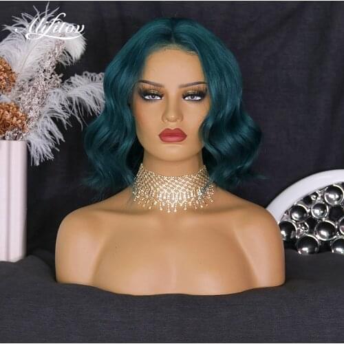 ALIFITOV Dark Green Lace Front Wigs Short Bob Human Hair Wigs Remy Hair Lace Front Wigs With Baby Hair