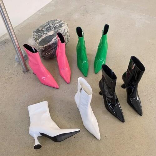 Fashion Women Ankle Boots Patent Leather Thin High Heels Black/White/Pink/Green Side Zipper Fashion Chelsea Boots Woman Size 39