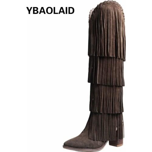 2021 Autumn and Winter Pointed Toe Frosted Cowhide High-heeled Boots Fashion Casual Fringed Side Zipper Thick Heel Fashion Boots