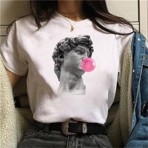 Womens T-shirt 90s Ulzzang Harajuku Graphic Funny White Drawing David Print T-shirt O Neck Casual Womens Top T-shirt