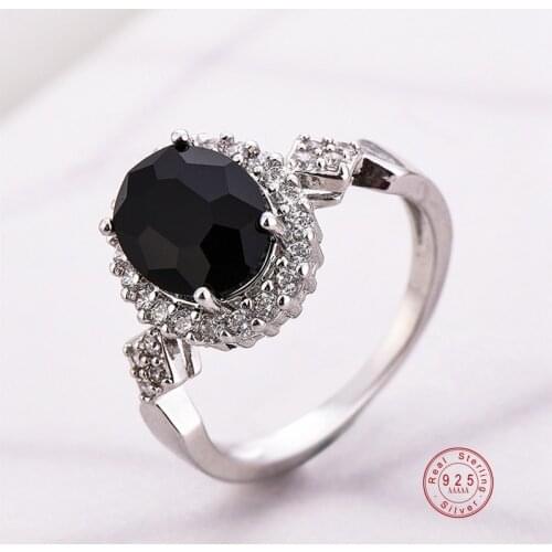 Genuine Jewelry 925 Sterling Silver Stackable Ring Round Black CZ Crystal Finger Rings for Women Wedding Party Bague Bijoux
