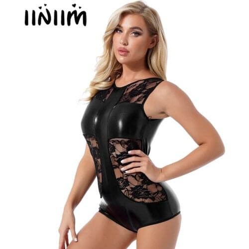 Women Round Neck Sleeveless Faux Leather Bodysuit Nightclub Stage Performance Catsuit See-through Lace Patchwork Skinny Jumpsuit