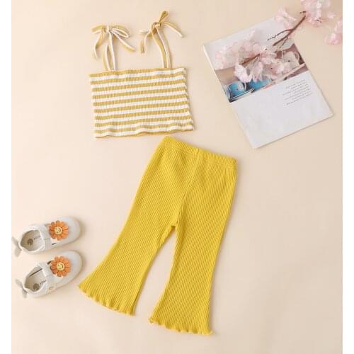 Toddler Baby Stripe Ribbed Two-pieces Set Infant Girls Square Collar Sleeveless Sling Vest Tops + Elastic Flare Long Pants Set