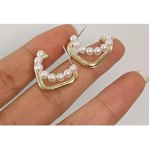 Kpop Gold Double Layers Triangle Pearl Stud Earrings for Women Girls Goth Geometric Studs Earings Accessories Jewelry