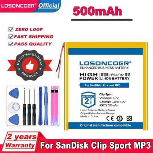 LOSONCOER Top Brand 100% New 500mAh Battery For SanDisk Clip Sport Battery SDMX24 Bluetooth MP3 Batteries +Free Tools in stock