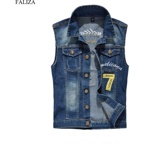 FALIZA Denim Jeans Vest Men Letter Embroidery Male Jeans Waistcoat Tank Top Cowboy Male Ripped Jacket Denim Vest Sleeveless MJ-K