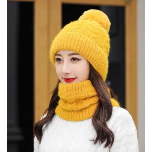 2021New Women Velvet Wool Hats Bib Sets Female Warm Thick Knit Caps Girl Outdoor Cycling Windproof Beanie Skullies Hats Suit