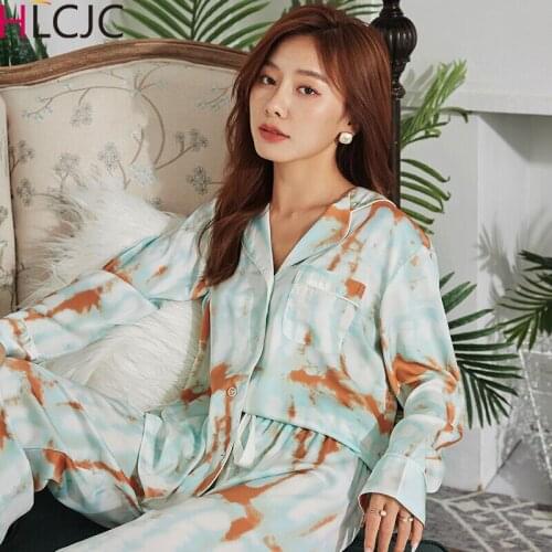 2021 New Style Long Sleeve Pajamas Autumn Ice Silk Long Sleeve Trousers Suit Printing Fashion Pyjamas Set Girls Soft Sleepwear