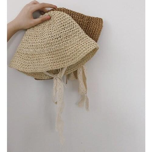 New Spring and Summer Children Straw Hats Lace Straps Baby Girls Beach Sunshade Caps Vacation Kids Weave Hat Outdoor girl cap