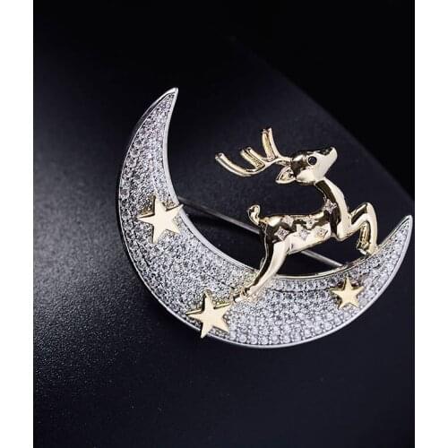 OKILY Gorgeous Unique Jewelry Accessories for Women AAA Zircon Moon Broochpin with Cute Xmas Deer Brooches Christmas Gift 2021