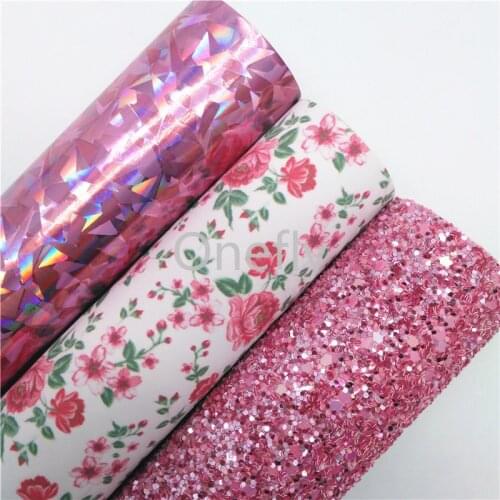 Onefly 21X29CM Pink Glitter leather, Flowers Printed Synthetic Leather Fabric Sheets For Bow DIY handbags shoes BQ049