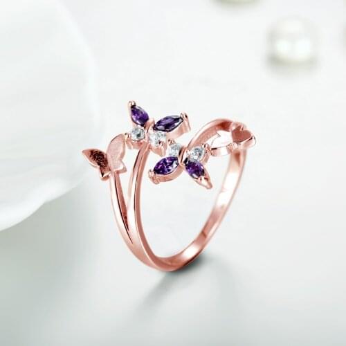 Wholesale Fresh and sweet Butterfly Ring Rose Gold color Rings For Women Open zircon Jewelry jewellery Anel Anillo LOVE GIFT