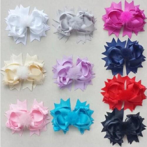Pompon Hair Bows Clips Headwear Pompoms Hairpins Accessories Boutique Girl Kids 4.5" Ribbon Flower 20pcs GR107