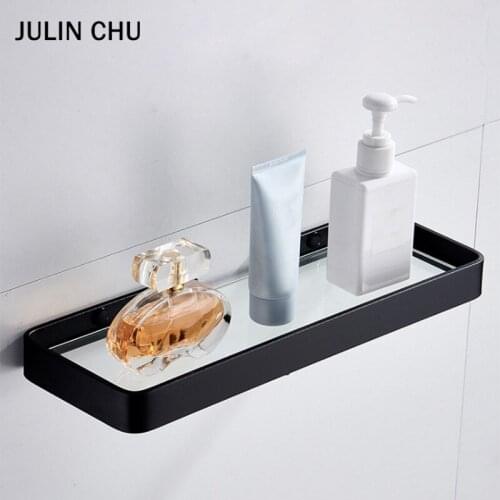 Space Aluminum Bathroom Glass Shelf Black Wall Mounted Bath Shower Shampoo Organize Rack Kitchen Bathroom Shleves Rectangle