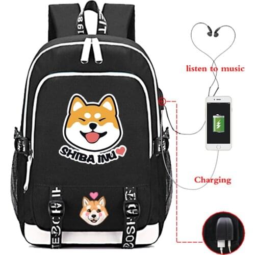 Cute Shiba Inu Backpacks Students Book Bag Mochila USB Charge Backpack Boys Girls School Backpack Teens Daily bag Men Knapsack