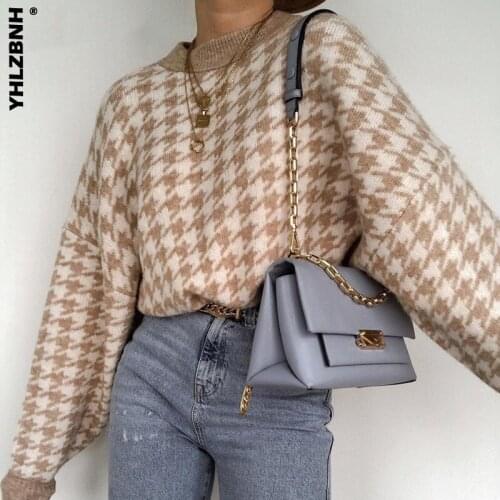 YHLZBNH Autumn Winter Women Houndstooth Geometric Knitted Sweater Women Casual Lady O Neck Pullover Sweater Female retro jumper