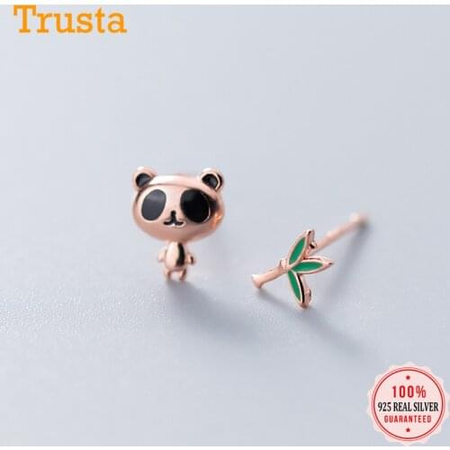 Trusta 100% 925 Solid Real Sterling Silver Jewelry Fashion Asymmetric Panda Bamboo Stud Earring For Teens Daughter Girl DS1051