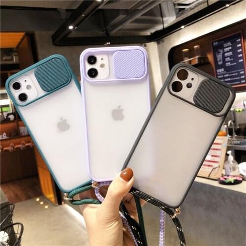 Lens Protection Candy Color Phone Case With Rope For iPhone 11 12 Pro X XR XS Max SE 2020 7 8 Plus Push and Pull Hard PC Cover