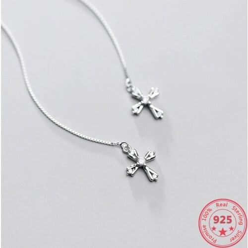 925 Sterling Silver Fashion Ear Line Simple Cross Long Chain Earring Fashion Sweater Jewelry For Women Accessories